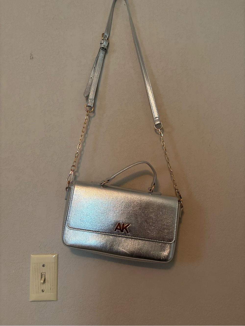 Anne Klien Metallic Silver Crossbody Bag with Chain Strap